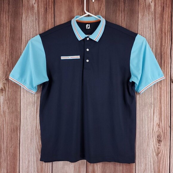 Footjoy FJ Mens Sz XXL Blue Orange Colorblock Striped One Pocket Golf Polo Shirt - Picture 1 of 12